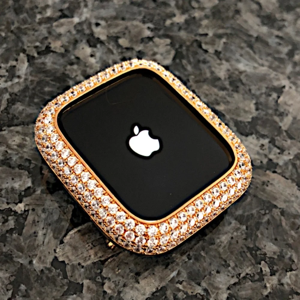 2 pc Apple Watch set yellow gold lab diamond case and crystal band classy bling